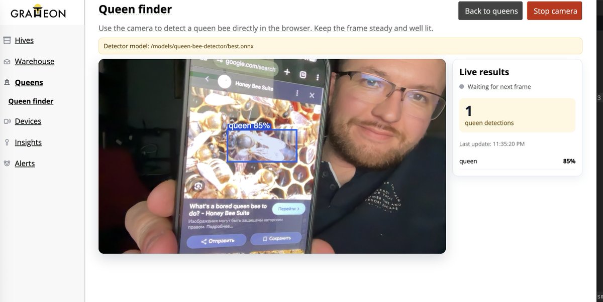 gratheon's tweet photo. We're excited to announce a major new free feature: Live Queen Finder.

Use https://t.co/AuDnngx1D4 app on your mobile phone while in the field to detect queen bees in real time using your camera. As the queen moves across the frame, we automatically spot her. Give it a try! https://t.co/YPwt4niwdU