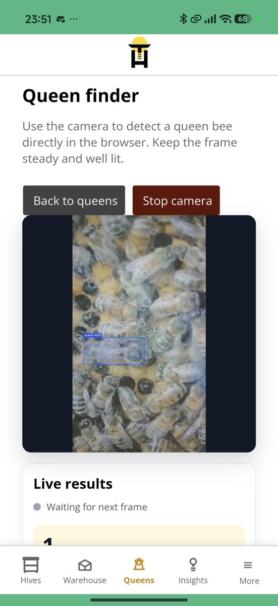 gratheon's tweet photo. We're excited to announce a major new free feature: Live Queen Finder.

Use https://t.co/AuDnngx1D4 app on your mobile phone while in the field to detect queen bees in real time using your camera. As the queen moves across the frame, we automatically spot her. Give it a try! https://t.co/YPwt4niwdU