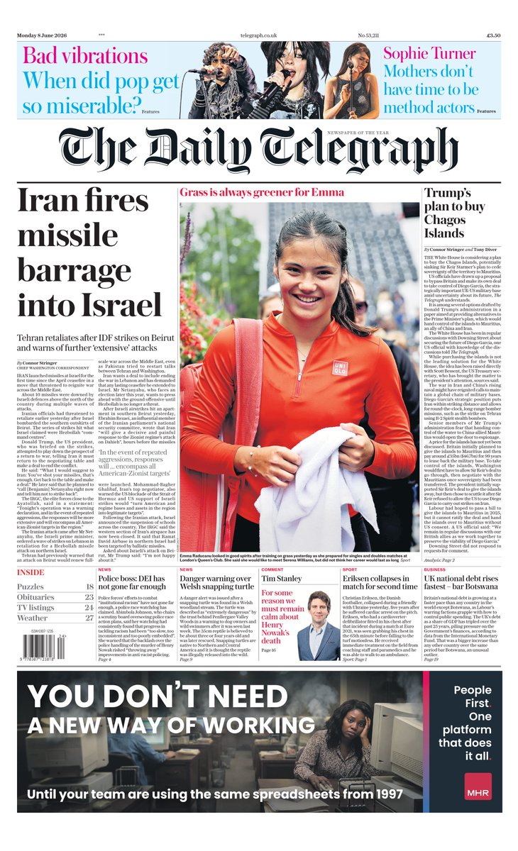AndyGibsonTV's tweet photo. "IRAN FIRES MISSILE BARRAGE INTO ISRAEL"
@ConnorStringer for @Telegraph 

Iran launched missiles at Israel for the first time since the April ceasefire in a move that threatened to reignite war across Middle East.

#DailyTelegraph 
#TomorrowsPapersToday https://t.co/qmIoh6PUFh