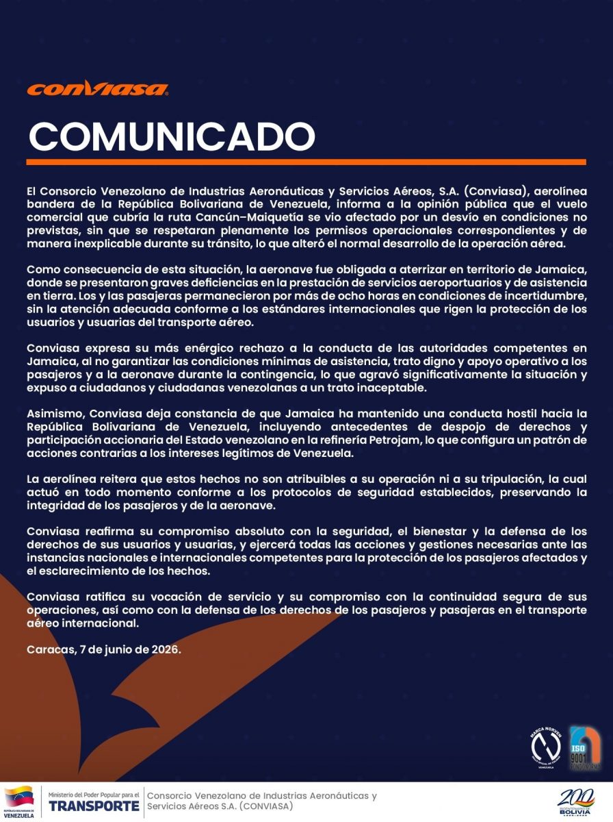 webnotitarde's tweet photo. 🛬🇻🇪El Consorcio Venezolano de Industrias Aeronáuticas y Servicios Aéreos (#Conviasa) informó la situación irregular experimentada por el vuelo que cubría la ruta Cancún-Maiquetía, el cual fue desviado hacia Jamaica sin el debido seguimiento de los reglamentos 

✍🏽 @conviasa_ve https://t.co/CaukZGQuYL