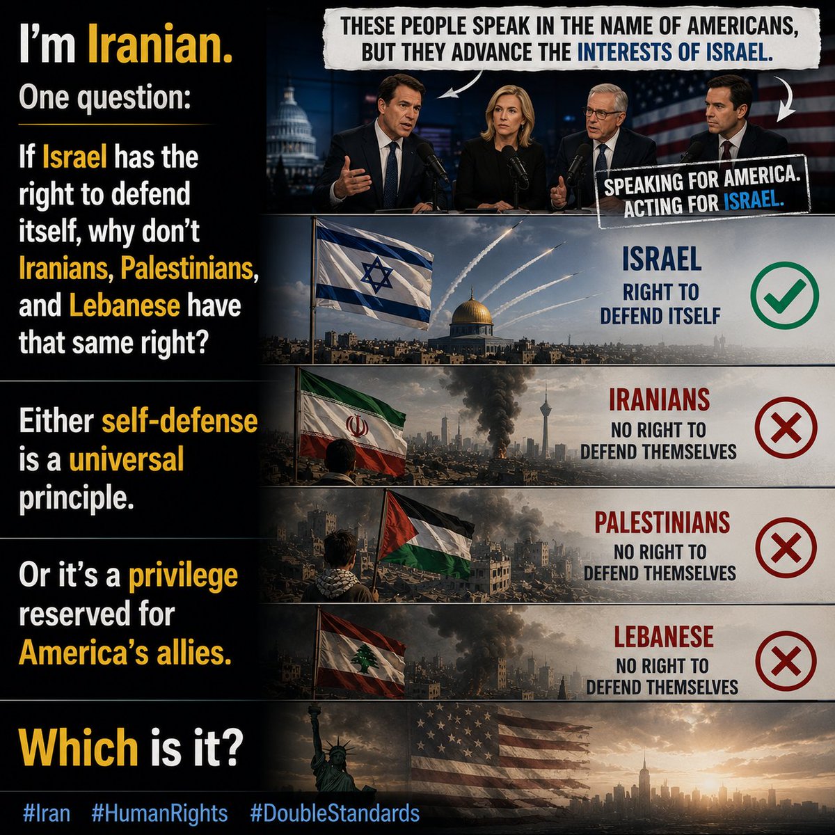 ablysshayan1's tweet photo. I'm Iranian.
One question:
If Israel has the right to defend itself, why don't Iranians, Palestinians, and Lebanese have that same right?

Either self-defense is a universal principle.
Or it's a privilege reserved for America's allies.
Which is it?
 #HumanRights #DoubleStandards https://t.co/kl0hRS52p7