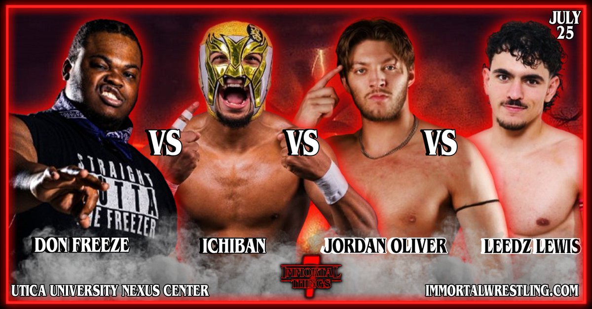 ImmortalCW's tweet photo. In what is sure to be a can't miss, match of the year contender at #ImmortalThings7 AEW Star Jordan Oliver will take on former #RisingStar Champion Don Freeze, Ichiban, and the debuting Leedz Lewis who will be making his 1st tour of US from France! Tickets https://t.co/01tQHpOmVx https://t.co/ctS59KTpGt