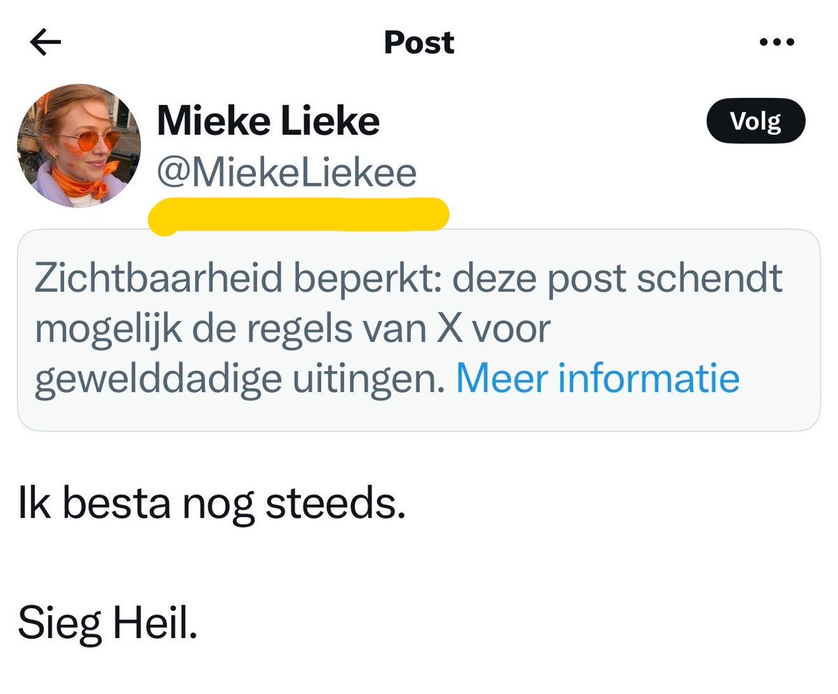 miekelieke's tweet photo. Ik snap het echt niet.

Ik heb nooit iemand uitgesloten om waar hij vandaan komt. Ik heb nooit een mens beoordeeld op zijn afkomst in plaats van zijn daden. Ik heb nooit gescholden, nooit bedreigd, nooit iemand de mond gesnoerd.

En tóch: naast de bedreiging aan mijn vader heeft iemand (of het dezelfde anonieme persoon is, weet ik niet) een nepaccount aangemaakt onder de naam @miekeliekee (met dubbele e). Daar zijn mijn foto’s naast Hitler geplaatst, voor nazivlaggen gemonteerd (inmiddels gerapporteerd en verwijderd) en voorzien van uitspraken die ik nooit heb gedaan en nooit zou doen. 

Om te “bewijzen” dat ik extreem ben, moest iemand eerst een vals account bouwen en mij woorden in de mond leggen die niet de mijne zijn.

Ik zou het waarderen als jullie dat account twee keer willen rapporteren (1x op impersonatie én 1x op haatdragend/extremistisch materiaal). Niet om mij. Maar omdat dit precies is hoe het werkt: wie een ander niet kan weerleggen, bouwt een nepversie om wel te kunnen winnen. 

🇳🇱