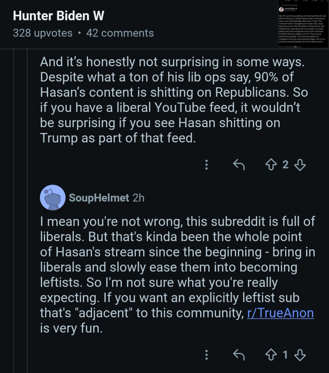 SystemicDunking's tweet photo. @TheOmniLiberal @ididedit @hasanthehun @HunterBiden This comment really highlights that his audience understands Hasan's mission. https://t.co/J20w2RWJod