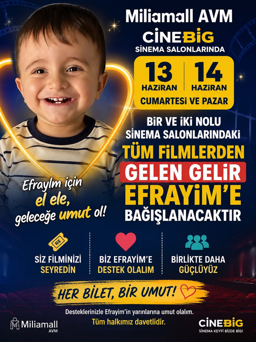 BingolXHaber's tweet photo. MiliaMall AVM’den Efrayim Bebek İçin Umut Olan Destek

SMA hastalığıyla mücadele eden Efrayim Gökalp için sürdürülen yardım kampanyasına bir anlamlı destek de MiliaMall AVM’den geldi. 13-14 Haziran tarihlerinde MiliaMall AVM bünyesinde faaliyet gösteren CineBig Sinema Salonları'nın 1 ve 2 numaralı salonlarında gösterilecek tüm filmlerden elde edilecek gelir Efrayim’in tedavi kampanyasına bağışlanacak.

Kampanyaya ilişkin açıklama yapan Efrayim Bebek Yardım Kampanyası Yönetim Kurulu Başkanı Ahmet Bürkek, desteklerinden dolayı MiliaMall AVM yönetimine teşekkür ederek, bu dayanışmanın Efrayim’in tedavi sürecine önemli katkı sağlayacağını söyledi.

Bürkek, “Efrayim’in tedavisine destek olabilmek adına yürüttüğümüz çalışmalar kapsamında MiliaMall AVM Yönetim Kurulu Başkanı Sayın Sıddık Ateş’i aradım. Kendisine Efrayim’in durumunu ve yürüttüğümüz kampanyayı anlattım. Sağ olsun, son derece samimi ve duyarlı bir yaklaşım gösterdi. Talebimizi hiç tereddüt etmeden kabul etti ve Efrayim için ellerinden gelen her türlü desteği vermeye hazır olduklarını ifade etti. Hatta ‘Efrayim için her şeye varım’ sözleriyle konuya ne kadar içten yaklaştığını ortaya koydu. Bu duyarlılığı ve destekleri bizleri son derece mutlu etti” dedi.

Toplumsal dayanışmanın önemine dikkat çeken Bürkek, “Bir çocuğun hayatına dokunmak, ona umut olmak hepimizin sorumluluğudur. Bu anlamlı organizasyonun hayata geçirilmesinde katkı sunan başta Sayın Sıddık Ateş olmak üzere MiliaMall AVM ailesine ve CineBig yönetimine teşekkür ediyorum. Vatandaşlarımızın da 13-14 Haziran tarihlerinde sinemaya giderek bu iyilik hareketine ortak olacaklarına inanıyorum. Her bilet Efrayim için bir umut olacak” ifadelerini kullandı.

Düzenlenecek etkinlikle vatandaşlar sinema keyfi yaşarken aynı zamanda Efrayim’in tedavisi için yürütülen kampanyaya da katkı sunmuş olacak. Efrayim’in ailesi ve kampanya gönüllüleri ise destek veren herkese teşekkür ederek tüm Bingöl halkını bu anlamlı dayanışmaya katılmaya davet etti.

@burkek_ahmet @cilembozkus12 @ozlemcmgz12 @mirbeyoglu12 @Muhtarhalim12