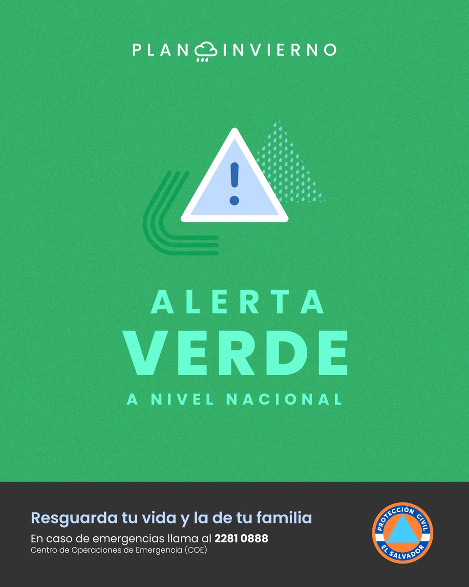 PROCIVILSV's tweet photo. ⚠️ #ATENCIÓN ⚠️

Se emite 🟢 #AlertaVerde por lluvias a nivel nacional debido a la influencia de baja presión.

Más información ⤵️
https://t.co/qhMU9ioNqm

Ante cualquier emergencia comunícate a los números:
📞 2️⃣2️⃣8️⃣1️⃣-0️⃣8️⃣8️⃣8️⃣
📱 7️⃣0️⃣7️⃣0️⃣-3️⃣3️⃣0️⃣7️⃣ https://t.co/RHNHOVq0D0