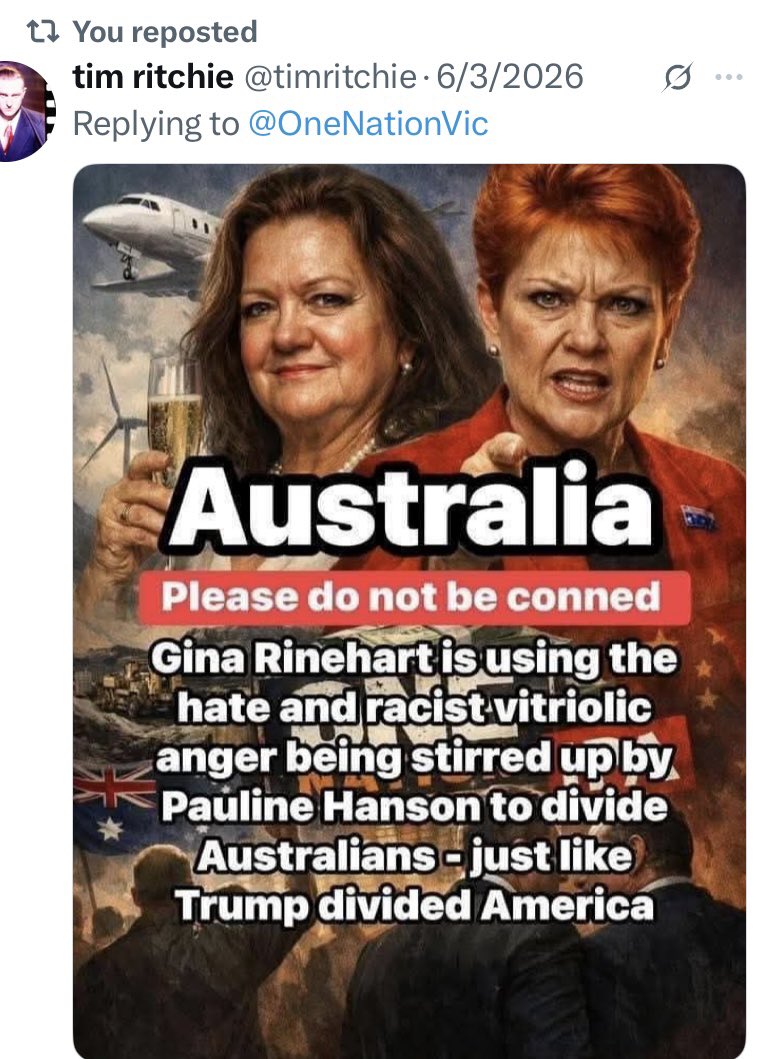bensab3's tweet photo. @RodCaddies Well the Labor Party certainly works for and care more for we people, than One Nation, which is beholden to the obscene wealth of Rinehart and is a great advocate of re-introducing GUNS to this Nation which is free of the American GUN disease &amp; trump-Like style governance. https://t.co/ej6dUydrOT
