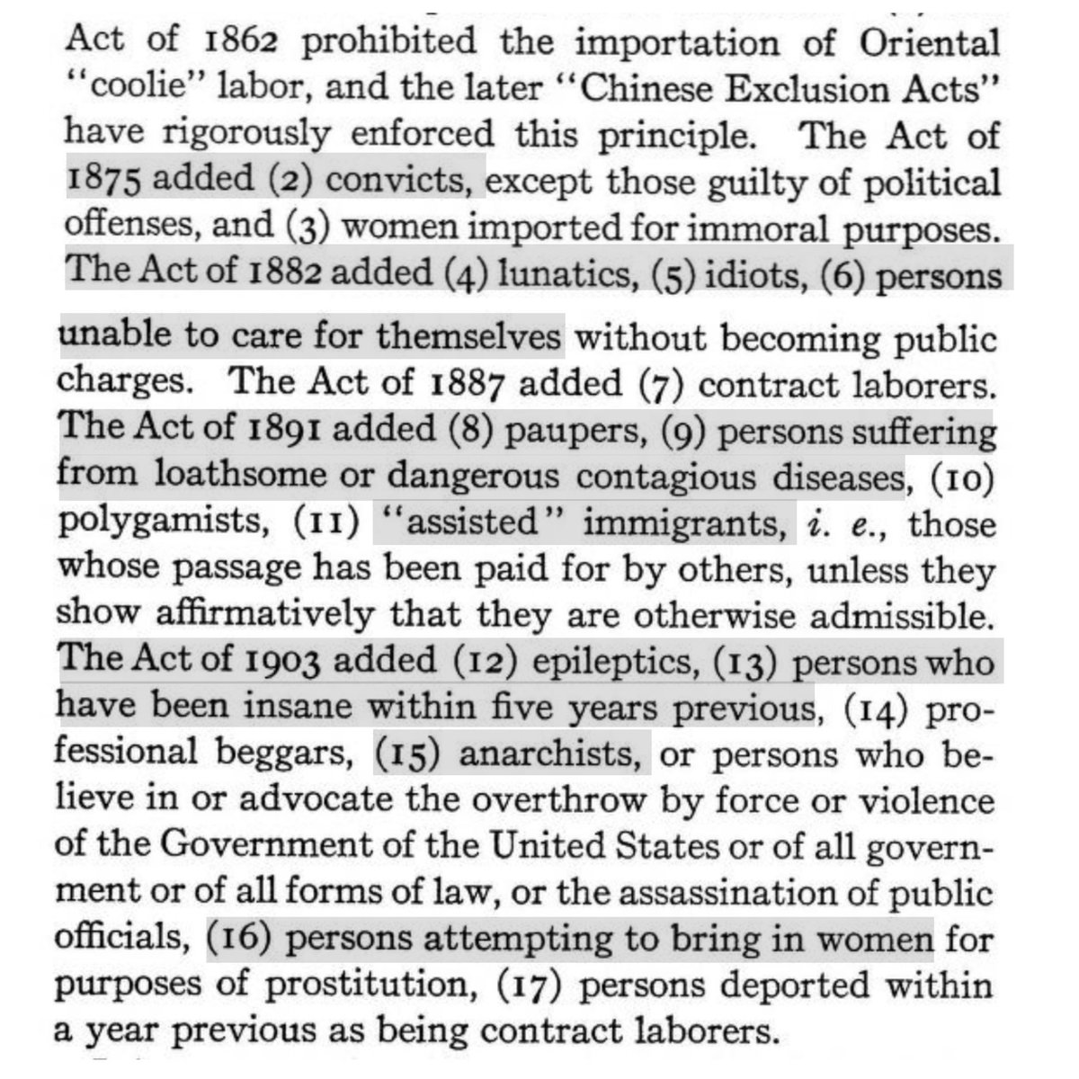 derzum_'s tweet photo. The bills leading up to the immigration act of 1924 show how fair America tried to be with its rules of entry. 

We banned convicts, lunatics, paupers and polygamists, blocked the insane and assisted, anarchists and the Chinese, but new immigrants kept introducing new problems. https://t.co/BoHKz4lkWj