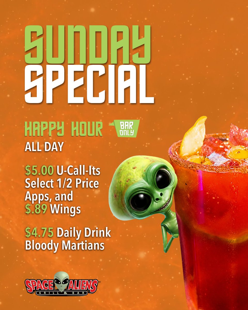 SpaceAliensMN's tweet photo. Even our alien friends can't resist Sunday Specials! 👽🍹

Happy Hour ALL DAY at the bar with U-Call-Its, half price apps, wings, and Bloody Martians.

Come hang with us this Sunday! 🪐 https://t.co/kRzOfRDF6E