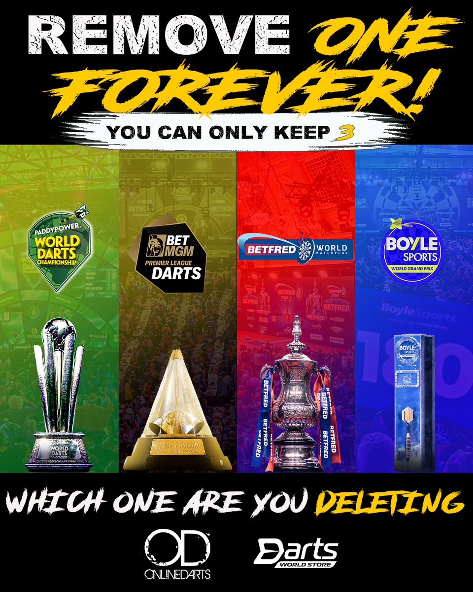 OfficialOLDarts's tweet photo. 🚨 ONE HAS TO GO! 🚨

You can only keep THREE of these iconic PDC events... one is gone forever! 😱

🏆 World Championship
⚡ Premier League
🎯 World Matchplay
💎 World Grand Prix
No sitting on the fence. Which tournament are you deleting and why? 👀👇
#Darts https://t.co/NpzUt1XU9I