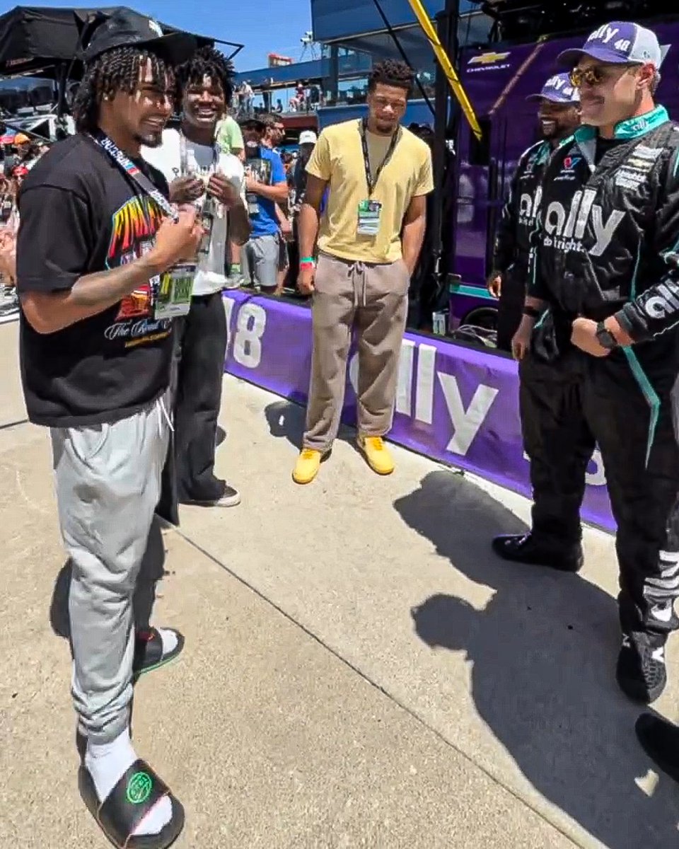 swankywolverine's tweet photo. Michigan Basketball National Champions Elliot Cadeau, LJ Cason and Trey McKenney hanging out today at the FireKeepers Casino 400 race at Michigan International Speedway 🏁 https://t.co/6N4PFAlP9s