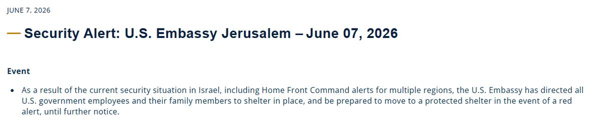 KnightsOSINT's tweet photo. BREAKING: Following earlier Iranian missile launches against Israel, as well as Home Front Command changes across several regions of Israel, the U.S. Embassy in Jerusalem has issued a shelter-in-place order for all U.S. government employees and their families. 

They have been instructed to be prepared to move to a shelter if a Red Alert is issued. The order remains in effect until further notice.