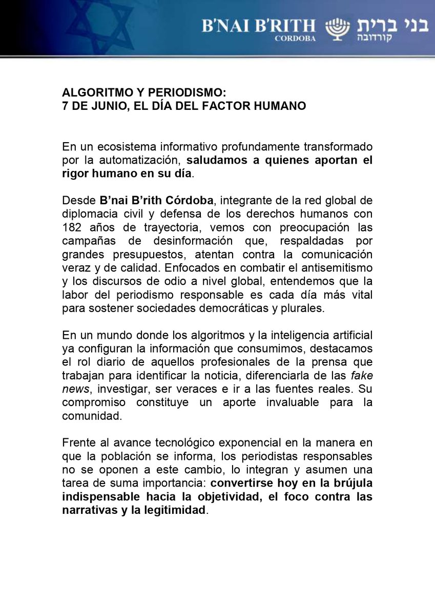 bnaibrith1843's tweet photo. En un ecosistema informativo profundamente transformado por la automatización, B’nai B’rith Córdoba saluda a quienes aportan el rigor humano en su día. https://t.co/zQaj4xHH4u