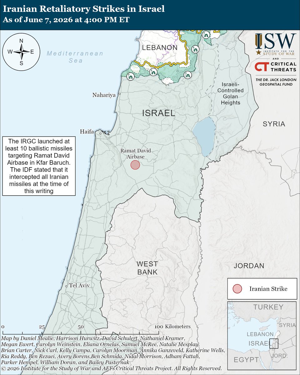 criticalthreats's tweet photo. NEW | A Hezbollah rocket attack on northern Israel on June 7 is threatening to completely collapse the ceasefire in the Middle East. Israel responded to the Hezbollah attack by conducting an airstrike in Beirut’s southern suburbs. Iran responded with a missile attack designed to deter future Israeli attacks against Hezbollah while avoiding escalation into a resumption of full-scale war. (1/5)