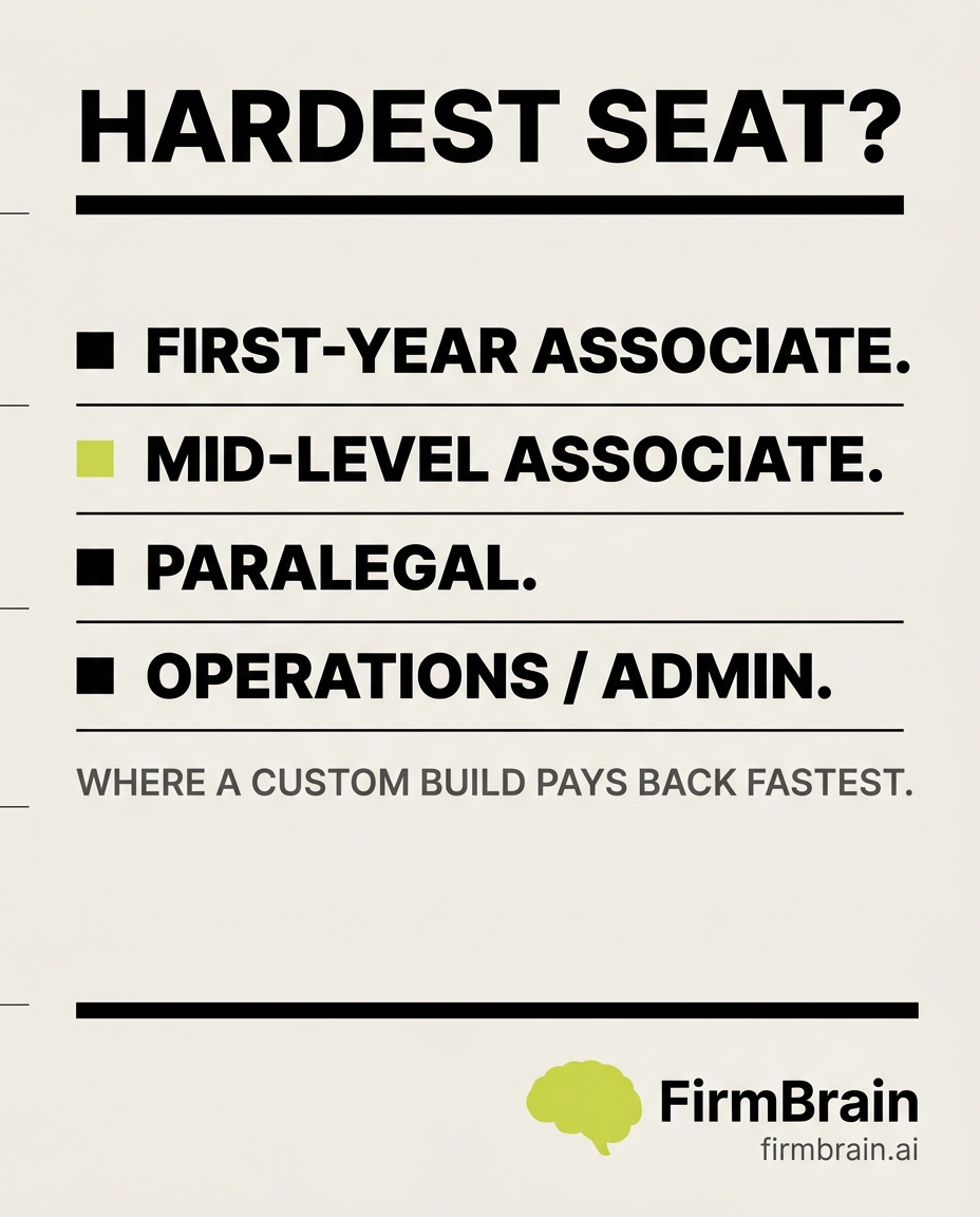 FirmBrain's tweet photo. Managing partners: which seat is hardest to hire and keep right now?

· First-year associate
· Mid-level associate
· Paralegal
· Operations / firm administrator

Tell us the hardest one. That is where a custom build pays back fastest.

https://t.co/gVg1dkS2Zo https://t.co/Va4Zv6hkh9