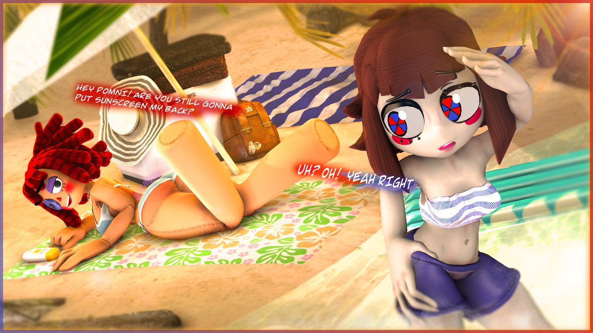 Ari_is_very_sad's tweet photo. Ooooo, another beach episode?
-------
both models belong to @St0rm3ye 
Ports by @TheDoomguySFM 
-------
#TADC #pomnifanart #ragatha https://t.co/Bjp8ztyaRB