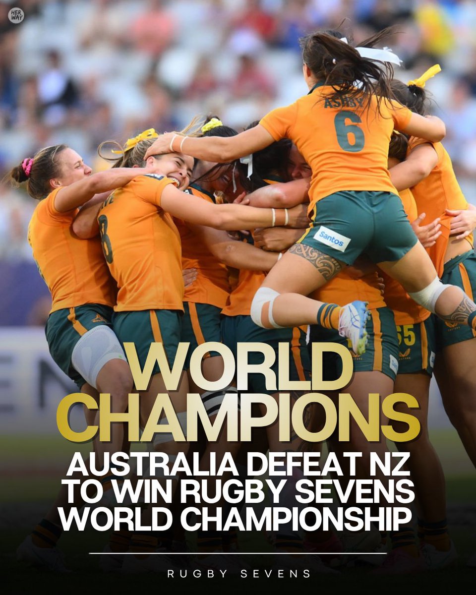 herwaysports's tweet photo. RUGBY 7s:
Australia are Rugby Sevens World Champions, defeating archrivals NZ 26-19 in the final in Bordeaux.
Seen in a leg brace just a week ago, Maddi Levi made a stunning return late in the tournament, and scored two of Australia’s tries.
📸 Getty/Loic Cousin https://t.co/kXRZmKcg11