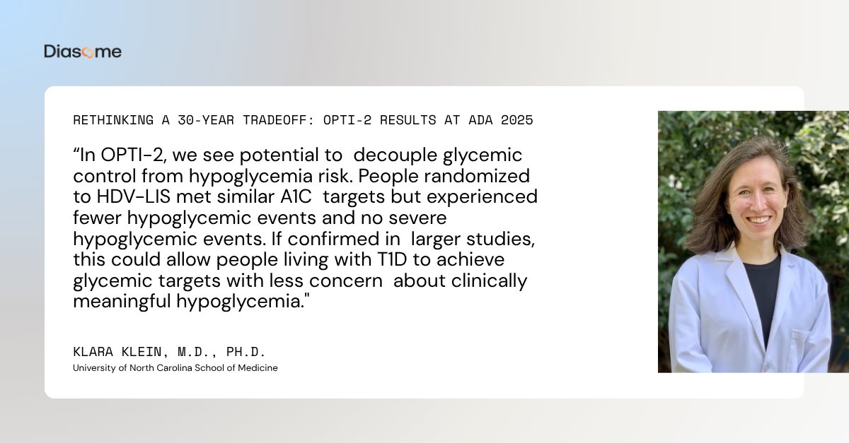 Diasome's tweet photo. At ADA today, Diasome presented Phase 2b results from OPTI-2. HDV-insulin lispro maintained A1C while significantly reducing hypoglycemia, without the tradeoffs that have defined insulin therapy for over 30 years. Full results: https://t.co/ON75XkAtJN https://t.co/wslVQHb0jw