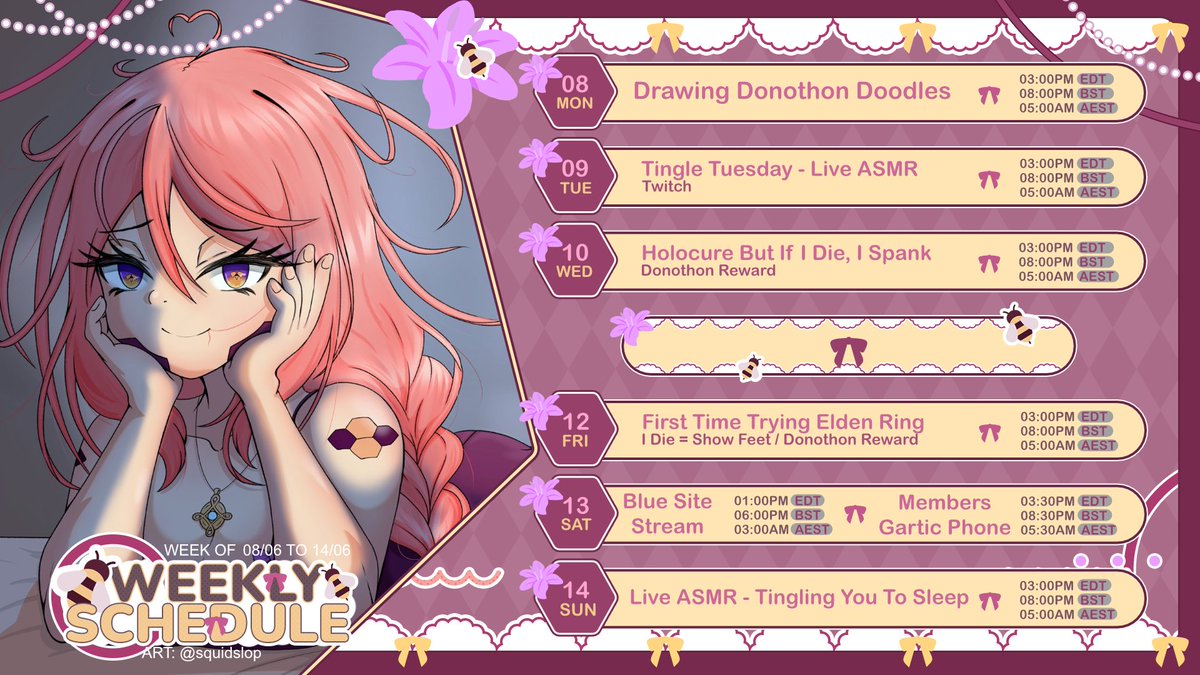 MaraVespidae's tweet photo. 🌸 Stream Schedule 8th - 14th June 🌸

I've missed you so much, it's wonderful to be back and ready for my first full week of official indie streams! 🥰 https://t.co/opaTrE57G5
