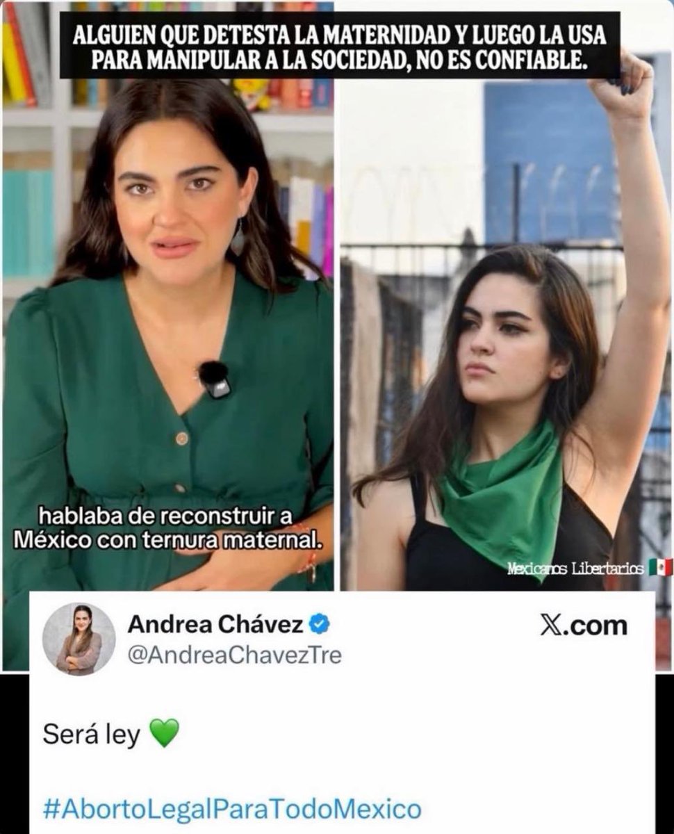 JJDiazMachuca's tweet photo. ALGUIEN QUE DETESTA LA MATERNIDAD Y LUEGO LA USA PARA MANIPULAR A LA SOCIEDAD, NO ES CONFIABLE.

Ahora que la senadora salió a sacarle raja política a su embarazo, las redes sociales le preguntan a la senadora @AndreaChavezTre sobre su postura y su campaña a favor del aborto legal. 🤔