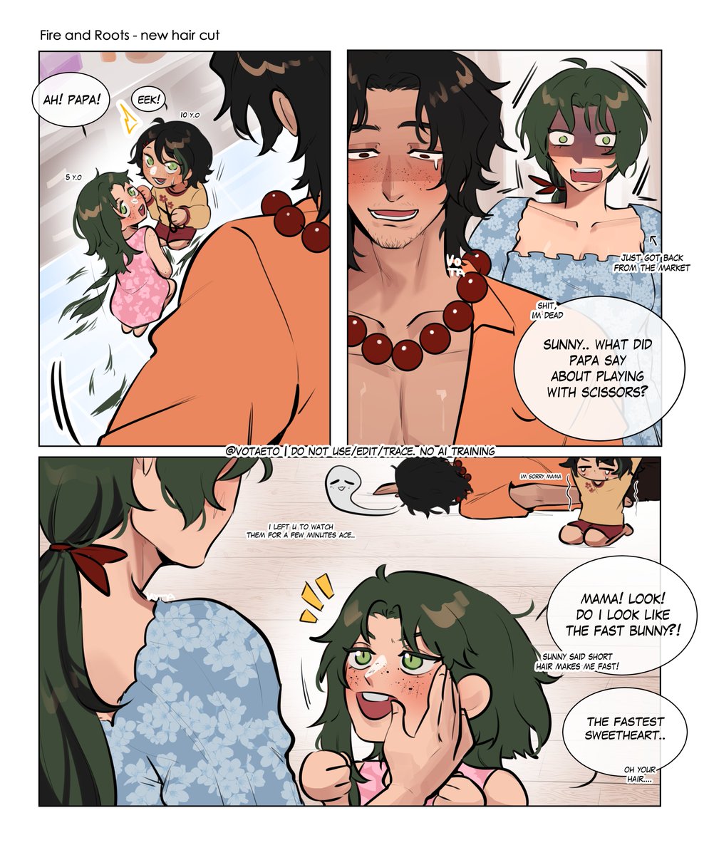 votaeto_'s tweet photo. #AceAya - Fire and Roots (AU)🔥🍀

Lyra is the only one of their three children with green hair, Aya is very fond of her hair. Ace only stepped away for a few minutes, but he forgot he left the scissors within reach. Orion is... trying to accept it. https://t.co/Y4Vd7jPv4m
