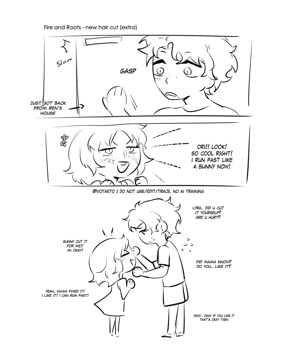 votaeto_'s tweet photo. #AceAya - Fire and Roots (AU)🔥🍀

Lyra is the only one of their three children with green hair, Aya is very fond of her hair. Ace only stepped away for a few minutes, but he forgot he left the scissors within reach. Orion is... trying to accept it. https://t.co/Y4Vd7jPv4m