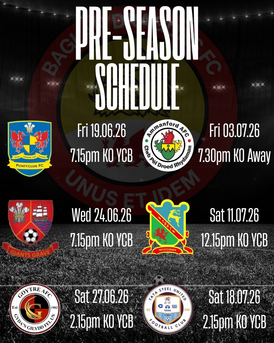BaglanDragons's tweet photo. We are pleased to release our pre-season schedule as preparations begin for the 2026/27 campaign.

A great programme of fixtures awaits the squad, providing valuable opportunities to build fitness, develop match sharpness, and continue our preparations ahead of the new season. https://t.co/0fB6smzLyl