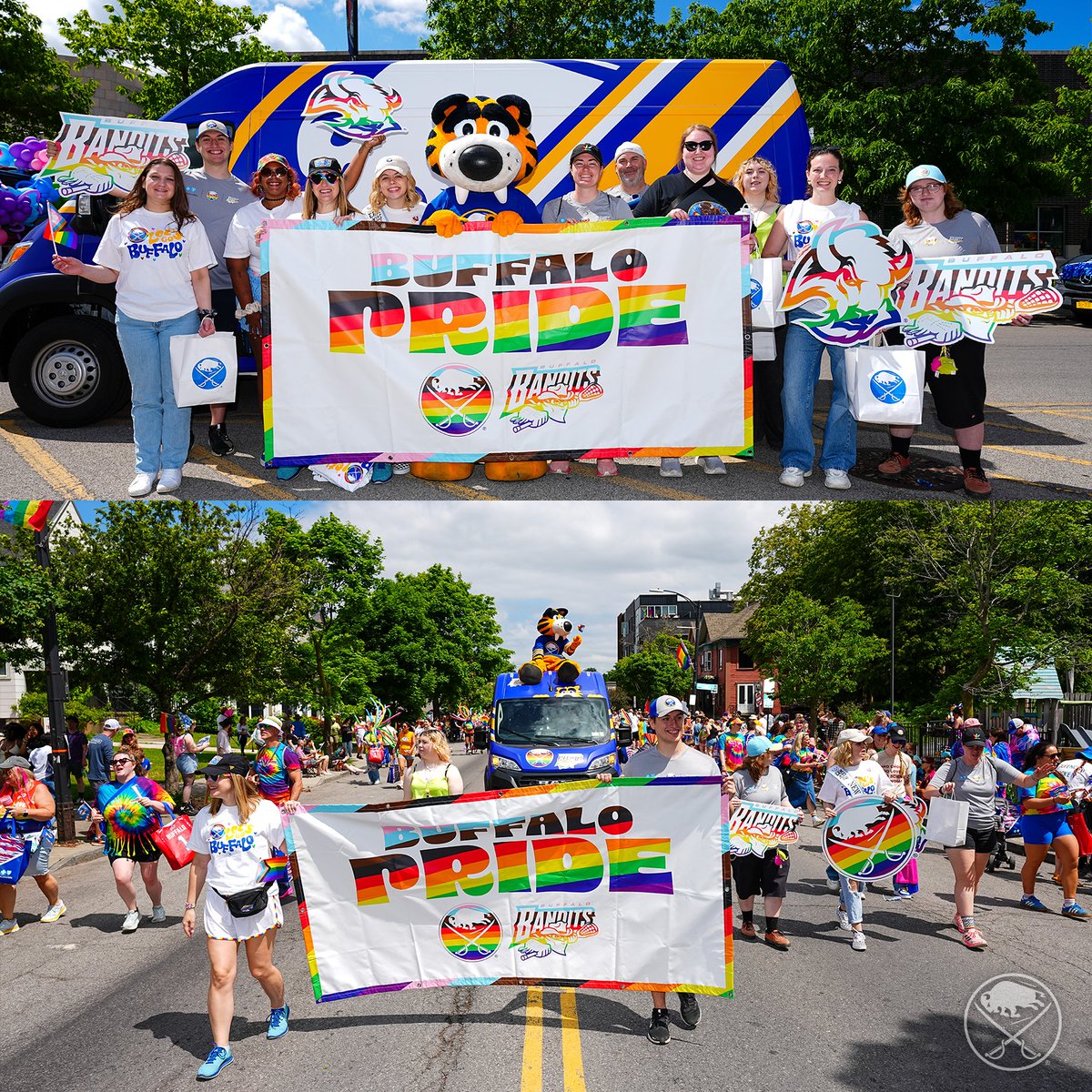 BuffaloSabres's tweet photo. We had the best time at the Buffalo Pride Parade today! 🏳️‍🌈🏳️‍⚧️

Thank you to everyone who celebrated with us! 

#LetsGoBuffalo | #sabrehood https://t.co/Se70Mwbrqw