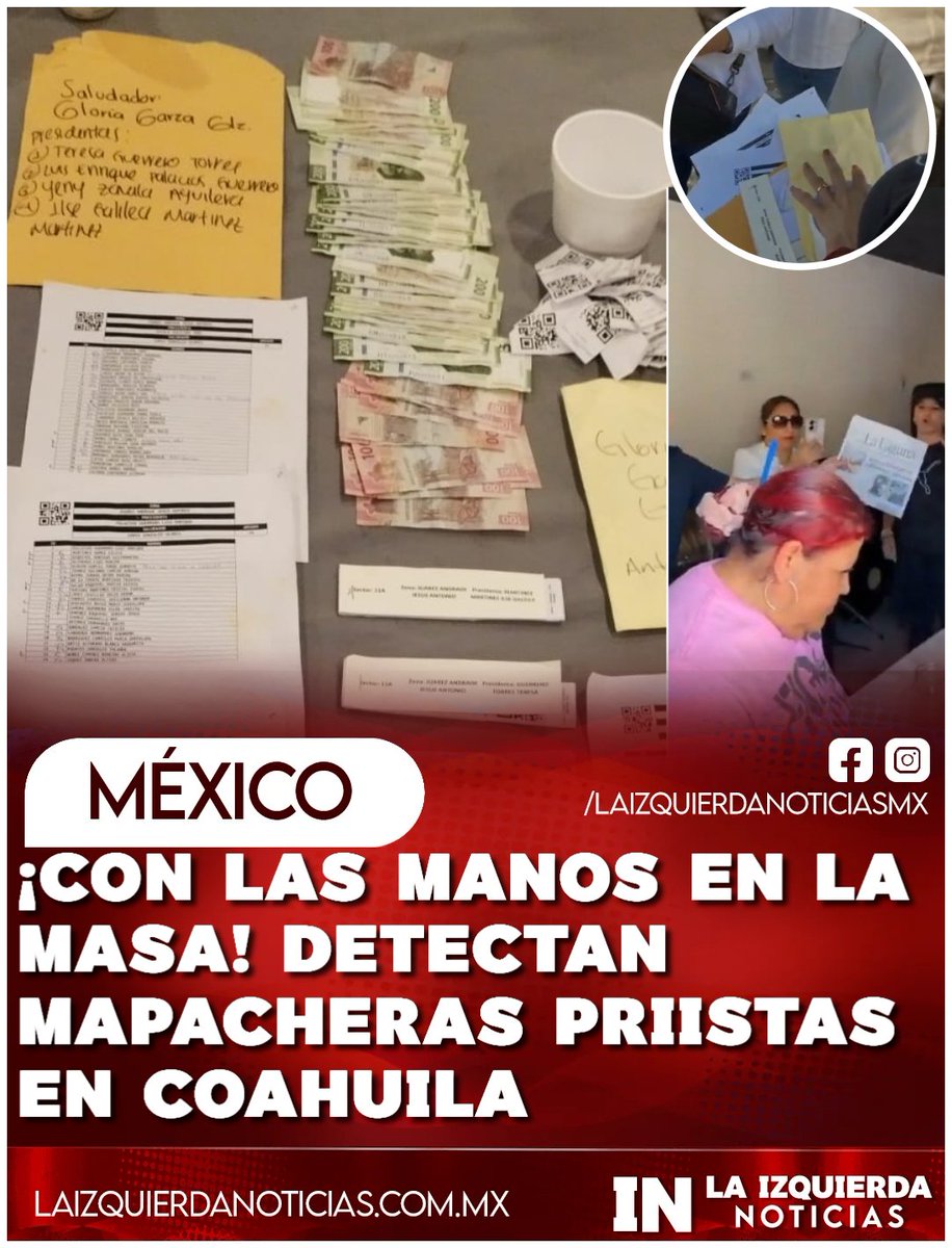 IzqNoticiasMx's tweet photo. MAPACHERA PRIISTA. Detectan en Torreón, #Coahuila que el #PRI de Alito Moreno revive sus viejas prácticas de compra de votos. Así  operan cuando saben que van perdiendo. ¡Comparte para que México vea! #CompraDeVotos #Torreón #FueraPRI https://t.co/RgvALAZsio