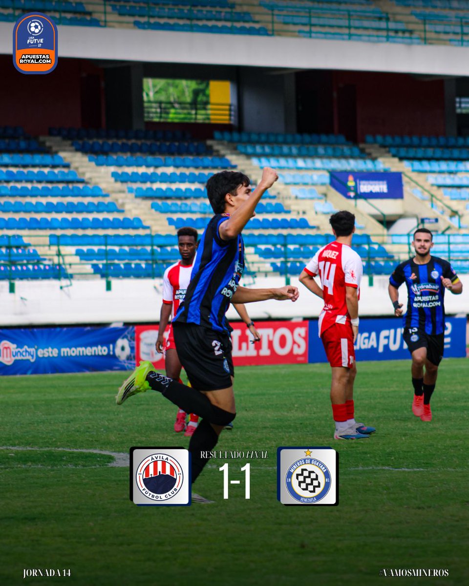 MinerosGuayana's tweet photo. #LigaFUTVE2ApuestasRoyal | J14 | 🕒 90'+4 - Final del partido en Caracas.
@avilafutbolclub 1-1 #Mineros
😡 Brian Matamoros 11' (AVI)
⚽ Mathias Páez 73' (MDG)
#VamosMineros ⚫🔵 https://t.co/3Y6p7mHDyY