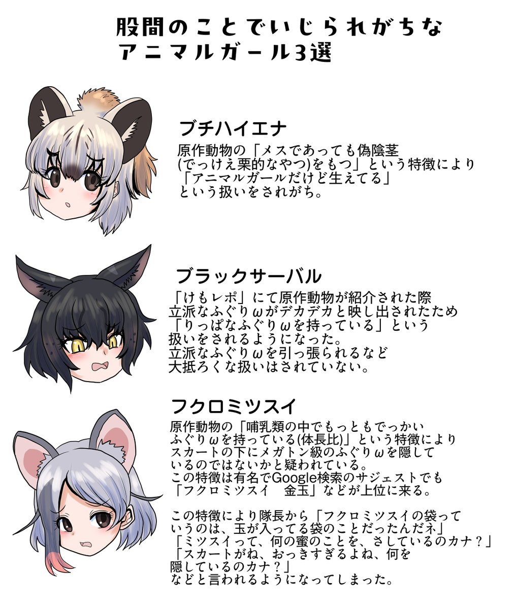 Shinkaisoku_JP's tweet photo. 風評被害アニマルガールズ

けものフレンズ3のイラスト

お股のことで風評被害を受けがちなアニマルガール3選！ https://t.co/bzMgQvqPBe