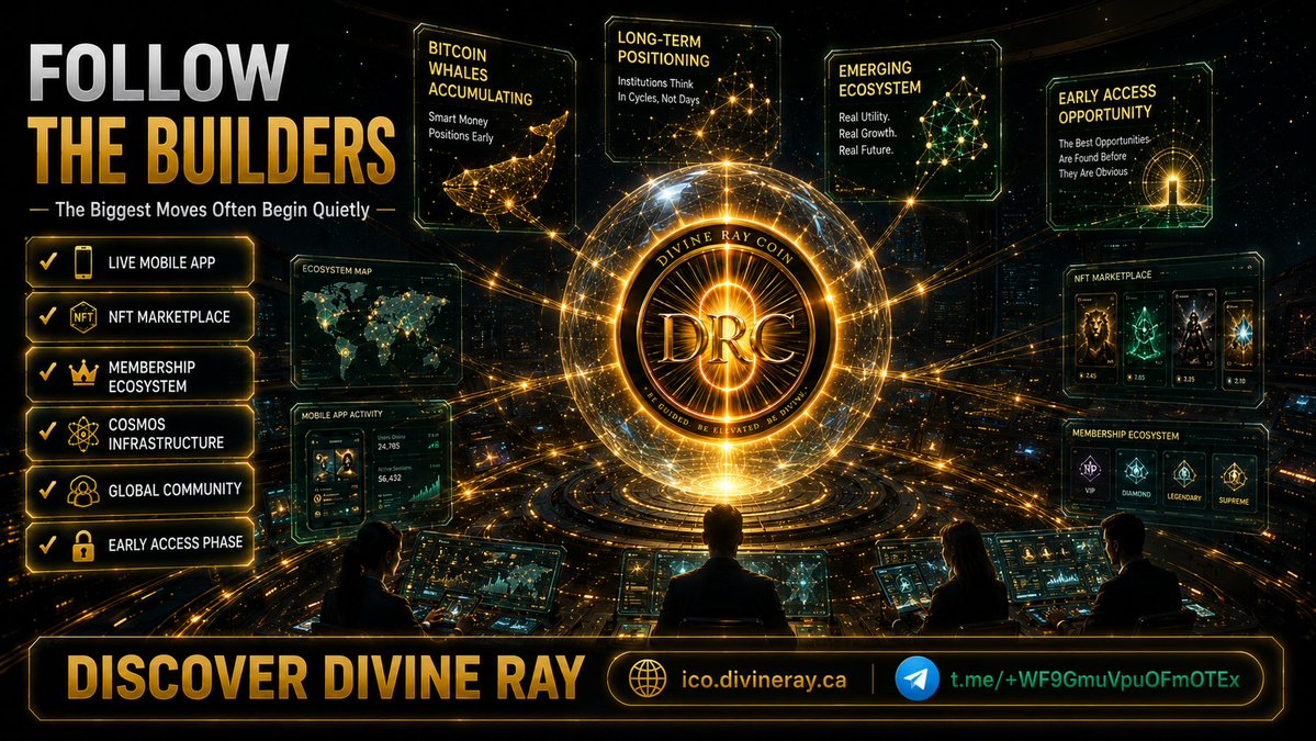 divinerayapp's tweet photo. 🐋 While many traders focus on short-term Bitcoin price predictions, large holders often pay attention to long-term positioning and ecosystem development.

Markets move in cycles. The projects that continue building during uncertainty are often the ones that attract attention when momentum returns.

Divine Ray continues expanding its ecosystem:

⚡ Live Mobile App
⚡ NFT Marketplace
⚡ Membership Platform
⚡ Cosmos Infrastructure
⚡ Global Community

Early-stage opportunities are often discovered before they become obvious.

📰 https://t.co/xQsL70SB9p

🌐 https://t.co/VXKO2N9sab

📲 Telegram:
 https://t.co/lCocMaQsro

📱 Android:
 https://t.co/hg0RtDESJe

🍎 iPhone:
 https://t.co/T7w8NzPGIS

#DivineRay #Bitcoin #Crypto #Web3 #Blockchain