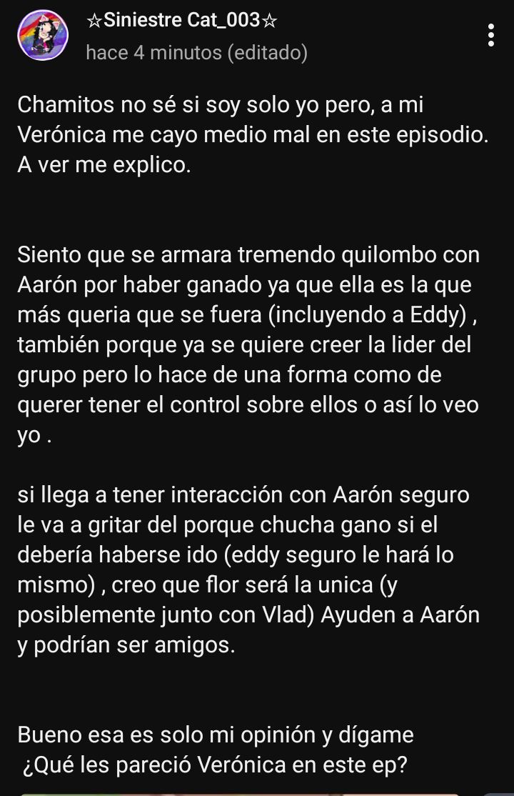SiniestreCat_YT's tweet photo. Mi opinión sobre Verónica en este episodio . 

No le escribí directamente en Twitter porque no tengo límite suficiente pa eso xd 

#siniestrecat #tmga #themilliongameacademy #heykattoproductions https://t.co/gLNnFwkva5