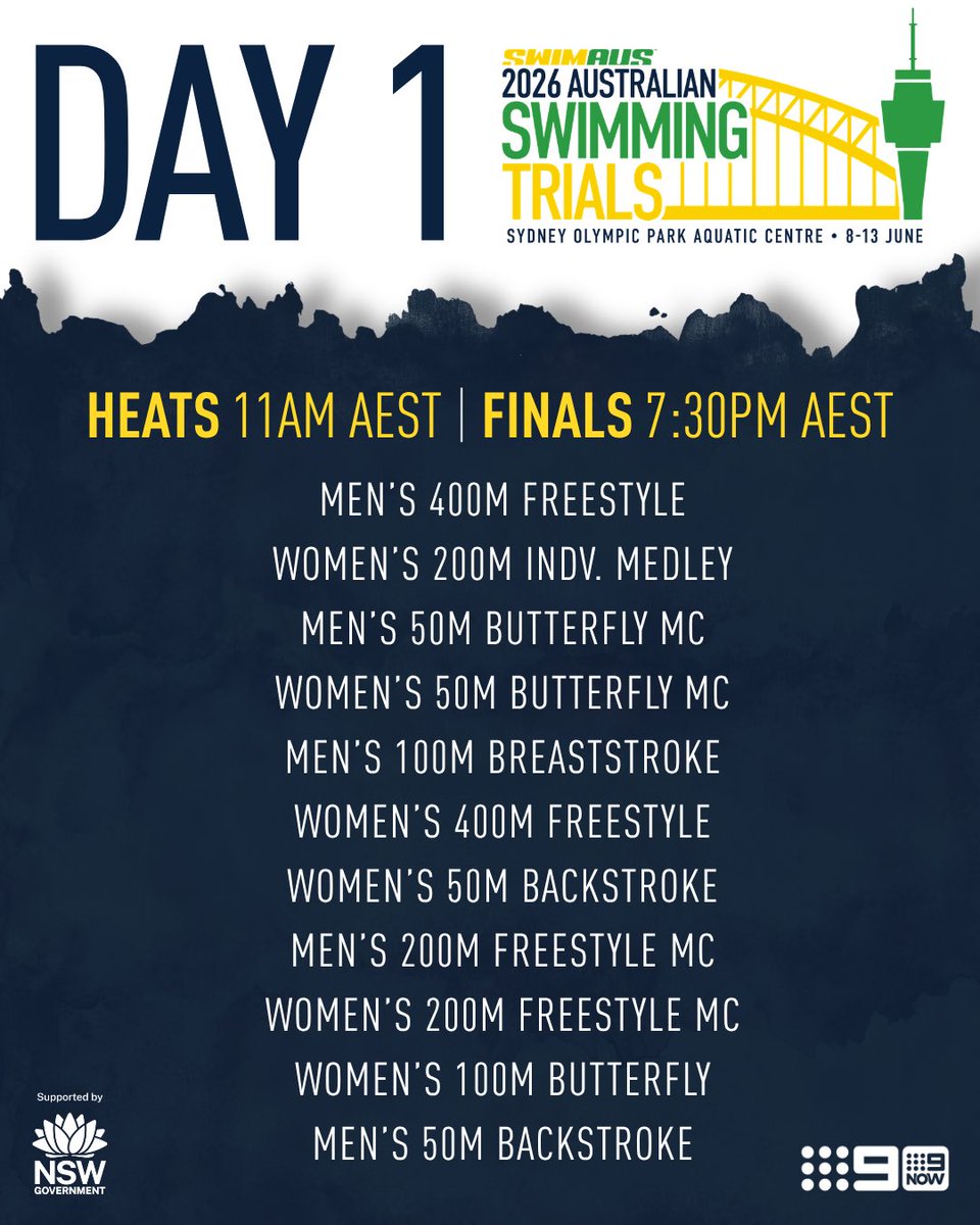 SwimmingAUS's tweet photo. This is where Dolphin dreams are made.

Day 1. Let’s go 💥🐬

The race to Glasgow Commonwealth Games starts now. 

Selection for Pan Pacs and Para Pan Pacs teams also on the line. 👀

⏰ Heats: 11AM AEST. Finals: 7:30PM AEST 📺 Catch every moment live & free on Channel 9 @wwos

Witness history with a 🎟️ from Ticketek.

Let’s bring the heat Sydney!