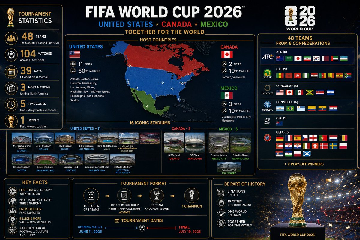 henrytalks30's tweet photo. By the numbers: World Cup 2026 edition

🔢 Quick facts:
• 48 teams competing (biggest tournament ever)
• 80 total matches
• 16 stadiums across North America https://t.co/Pd8qIKgkSH