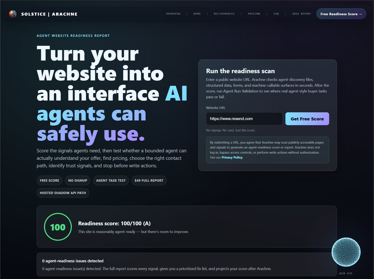Solstiiiiiiice's tweet photo. Credit where it’s due! @resend scored 100/100 on Arachne’s AI-agent readiness scan.

Clear structure. Strong signals. Easy for agents to understand.

This is what agent-ready websites are starting to look like.

https://t.co/8AXN18LTae https://t.co/nzXT57jFlK
