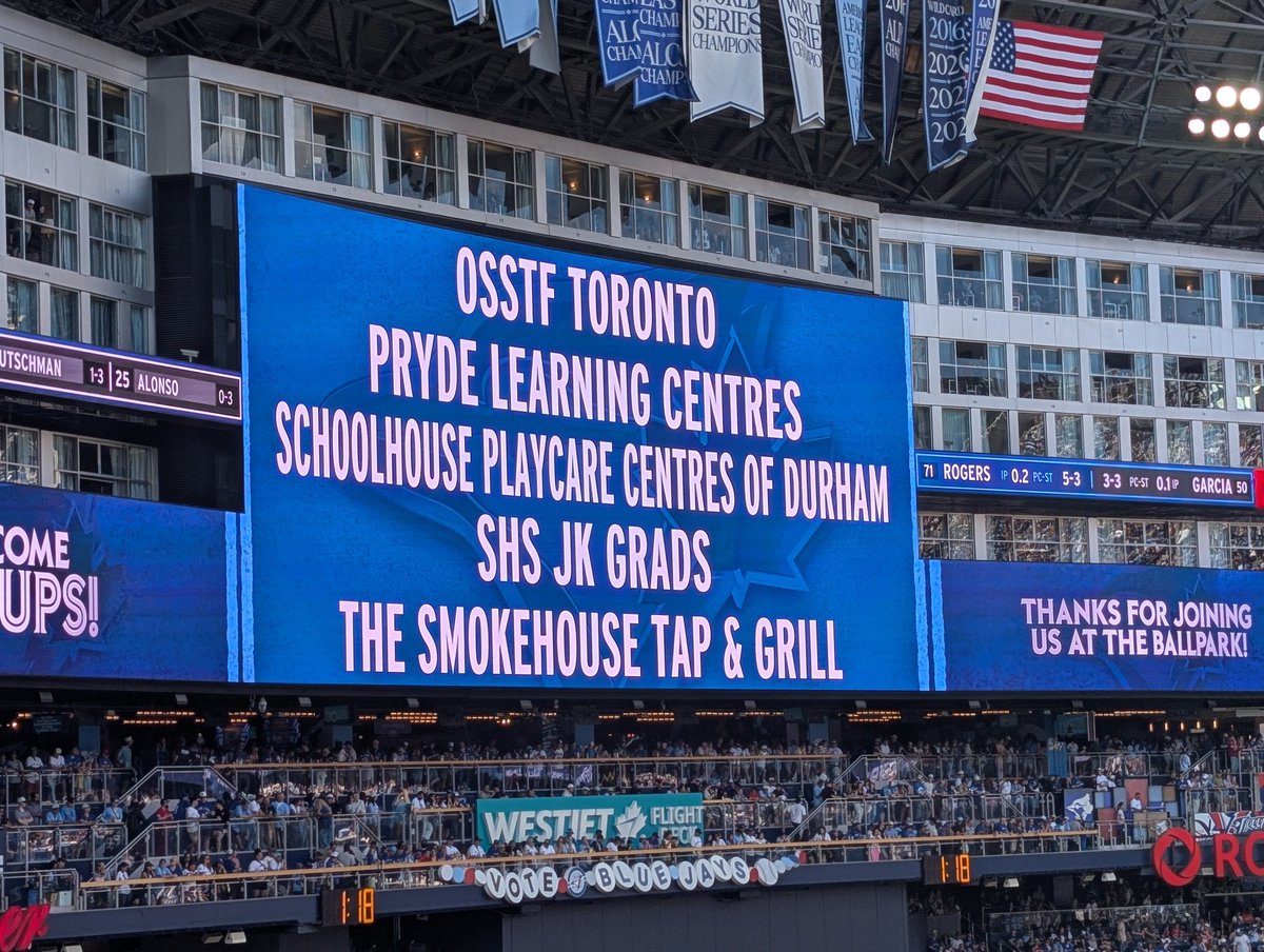 MarkOSSTF's tweet photo. One of the most fun assignments for my job is organizing social events. 

Today was an awesome day at the ballpark with 200+ @OSSTFtoronto Teachers' Bargaining Unit Members and their families/friends watching the @BlueJays defeat the Orioles 6-4!

And we were on the Jumbotron! https://t.co/UXNRo3SNvm