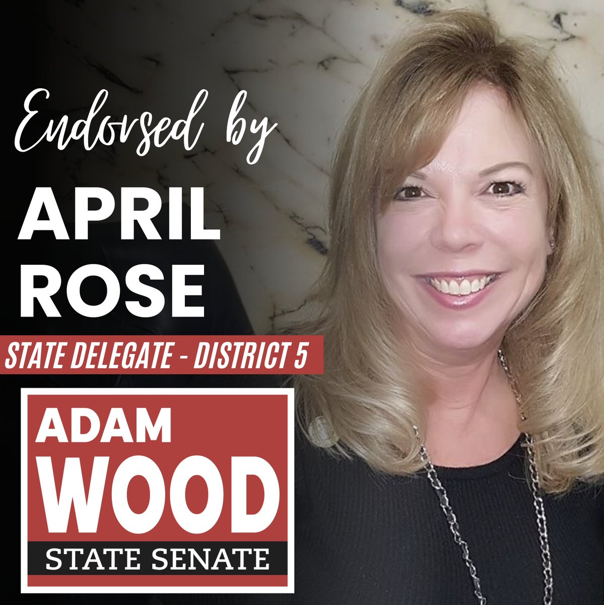 Woodformd's tweet photo. "Adam Wood is the right person to represent Carroll county because he cares about our community. He will be a strong, effective, and conservative voice for us in the General Assembly. He knows our values and will fight to keep Annapolis from dictating how we keep our communities safe or educate our children. I fully support Adam Wood in his run for Senate District 42."
-Delegate April Rose, District 5