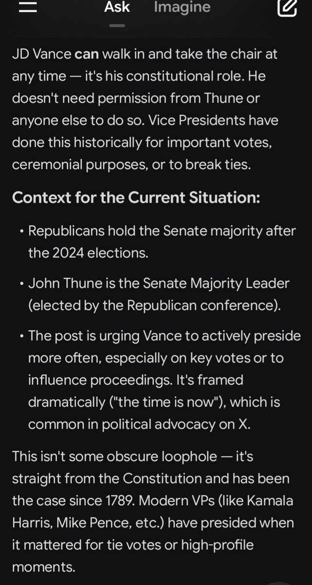 jclary00's tweet photo. @FFT1776 @VP @SenateGOP Grok didn't answer yesterday but wanted to give as much transparency as possible for the one's not understanding what the VP can do. Cheers https://t.co/vohzqcve6B