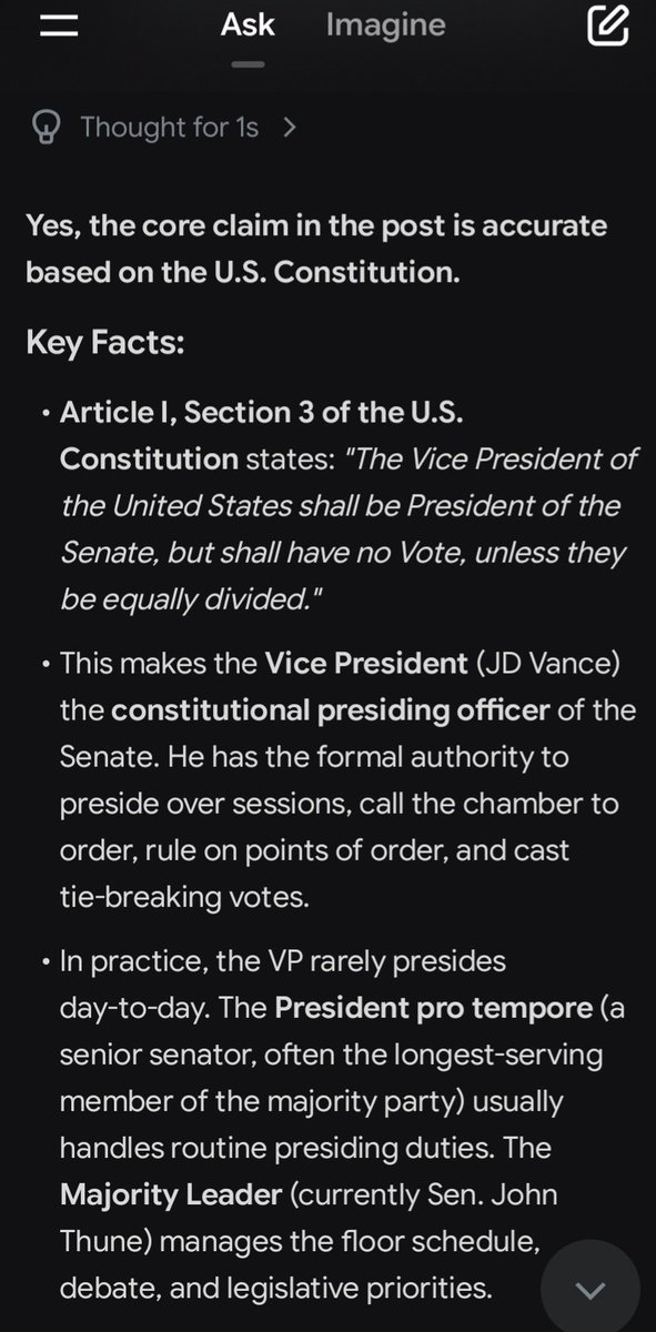 jclary00's tweet photo. @FFT1776 @VP @SenateGOP Grok didn't answer yesterday but wanted to give as much transparency as possible for the one's not understanding what the VP can do. Cheers https://t.co/vohzqcve6B