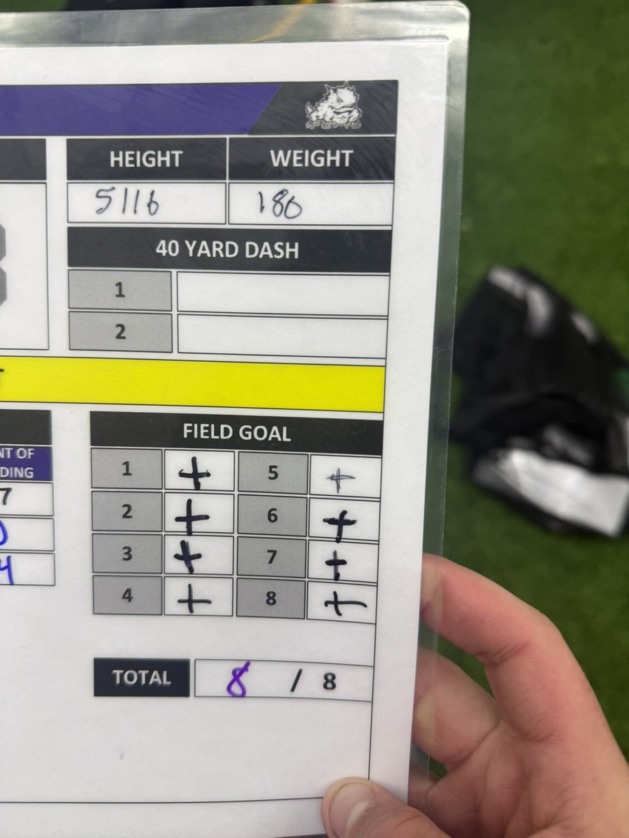 SamuelSmado94's tweet photo. Had a great time at the @TCUFootball specialist camp today! Charted 8/8 on field goals and had some good kickoffs as well. Here are a couple of field goals from today. (35,40) 
@OberkromKicking @RecruitAllen @alleneaglesfb @TheCoachJohns @CoachLWig https://t.co/TV0DeB7pbg