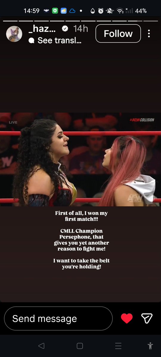 TallCalvin's tweet photo. No one is talking about this but: @CMLL_OFICIAL @AEW #Hazuki challenged #Persephone for the CMLL's World Women Championship vía IG after beaten her in #aewcollision show.
The #stardom wrestler previously held the #CMLL's Japanese Women title before being defeated by #IndiaSioux. https://t.co/BSUfKX7Qab