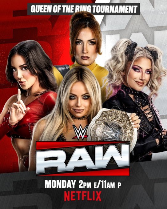 WrestleOps's tweet photo. First round match of the 2026 Queen of the Ring Tournament taking place tomorrow on RAW:

Chelsea Green vs. Becky Lynch vs. Alexa Bliss vs. Women’s World Champion Liv Morgan https://t.co/hl1fLRb1Tn