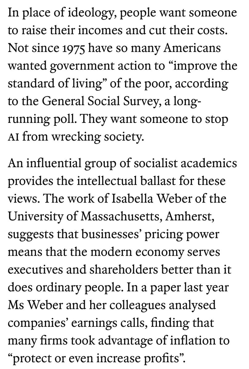 IsabellaMWeber's tweet photo. Hard to think of a greater honor than to be considered The Economist‘s intellectual enemy #1. 

My work is “intellectual ballast” for the largest number of Americans since 1975 wanting government to “improve the standard of living” of the poor, cut their costs, raise their incomes and stop AI from wrecking society, they say. Dream of an endorsement. Thank you @TheEconomist!