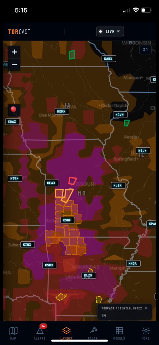 TorCASTWX's tweet photo. Tornado Warning in MO now just outside the watch area, seems to tell the story as to why TorCAST went broad for the initial convective initiation, but has since trimmed back or refined the areas in the brightest pink contour.  

#TorCAST #Tornado #MOwx https://t.co/UsJYfKkxeh