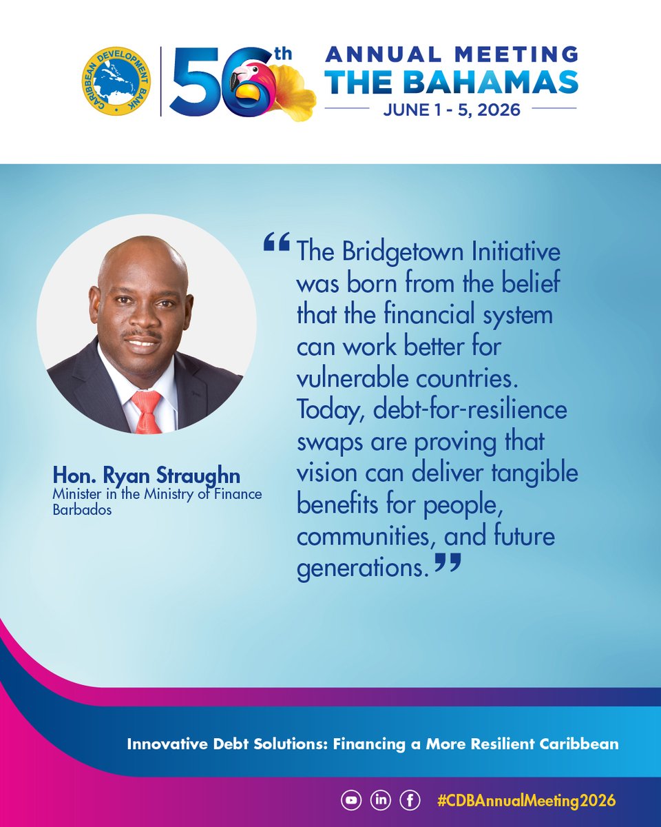 Caribank's tweet photo. At the Innovative Debt Solutions: Financing a More Resilient Caribbean session, regional and international leaders explored how debt-for-resilience swaps, capital-efficient financing, and stronger partnerships among development institutions can help countries unlock resources, strengthen resilience, and invest in long-term growth.

Swipe to explore some of the key perspectives shared.

Watch online: https://t.co/6b7zG3fKsI 

#OurCDB #CDBAnnualMeeting2026 #DebtResilience #InnovativeFinance #CaribbeanDevelopment #Leadership