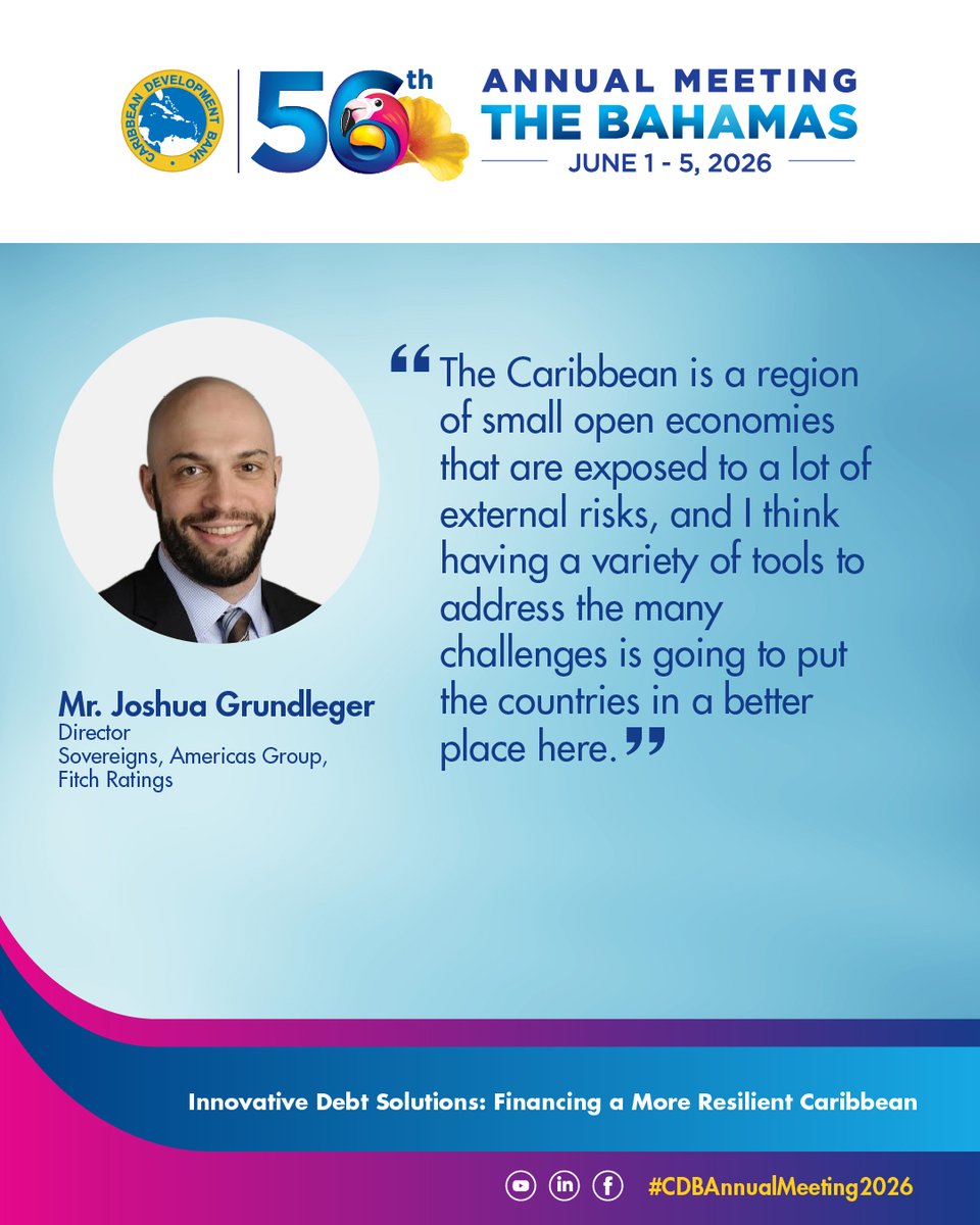 Caribank's tweet photo. At the Innovative Debt Solutions: Financing a More Resilient Caribbean session, regional and international leaders explored how debt-for-resilience swaps, capital-efficient financing, and stronger partnerships among development institutions can help countries unlock resources, strengthen resilience, and invest in long-term growth.

Swipe to explore some of the key perspectives shared.

Watch online: https://t.co/6b7zG3fKsI 

#OurCDB #CDBAnnualMeeting2026 #DebtResilience #InnovativeFinance #CaribbeanDevelopment #Leadership