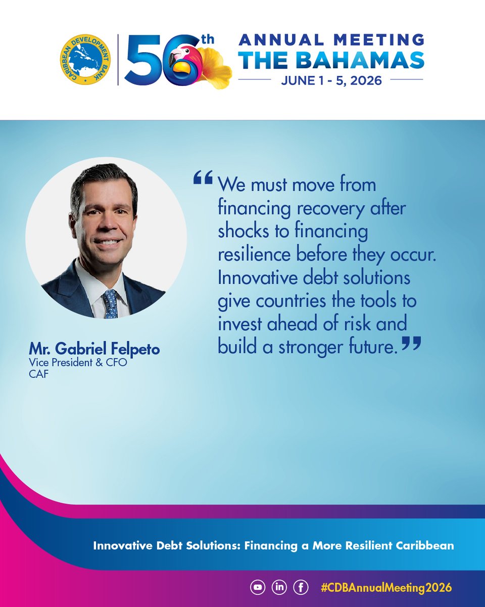 Caribank's tweet photo. At the Innovative Debt Solutions: Financing a More Resilient Caribbean session, regional and international leaders explored how debt-for-resilience swaps, capital-efficient financing, and stronger partnerships among development institutions can help countries unlock resources, strengthen resilience, and invest in long-term growth.

Swipe to explore some of the key perspectives shared.

Watch online: https://t.co/6b7zG3fKsI 

#OurCDB #CDBAnnualMeeting2026 #DebtResilience #InnovativeFinance #CaribbeanDevelopment #Leadership
