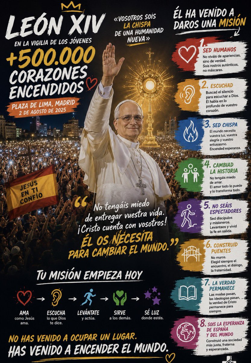RYjara's tweet photo. “ Sed vosotros mismos chispa de una humanidad nueva” “ vosotros podéis cambiar la historia, hacerlo con el amor” . Estáis llamados a ser sal y luz para transformar el mundo. ¡ Alcemos la mirada!. @Pontifex_es 
@Fran_actua 
@reliesdecine @mvictoria_rh @CarlosFGalan @mmcarrion https://t.co/eJW1NNIMNc