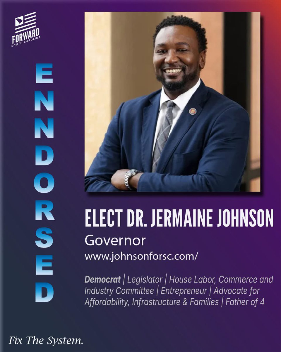 Dr_JLJohnson's tweet photo. I’m honored to receive the endorsement of Forward SC.

This campaign is about moving our state forward, creating opportunities for working families, and building a government that works for the people.

Together, we can fix the system and build a #NEWSC that works for everyone. https://t.co/tYMKhWxS0I